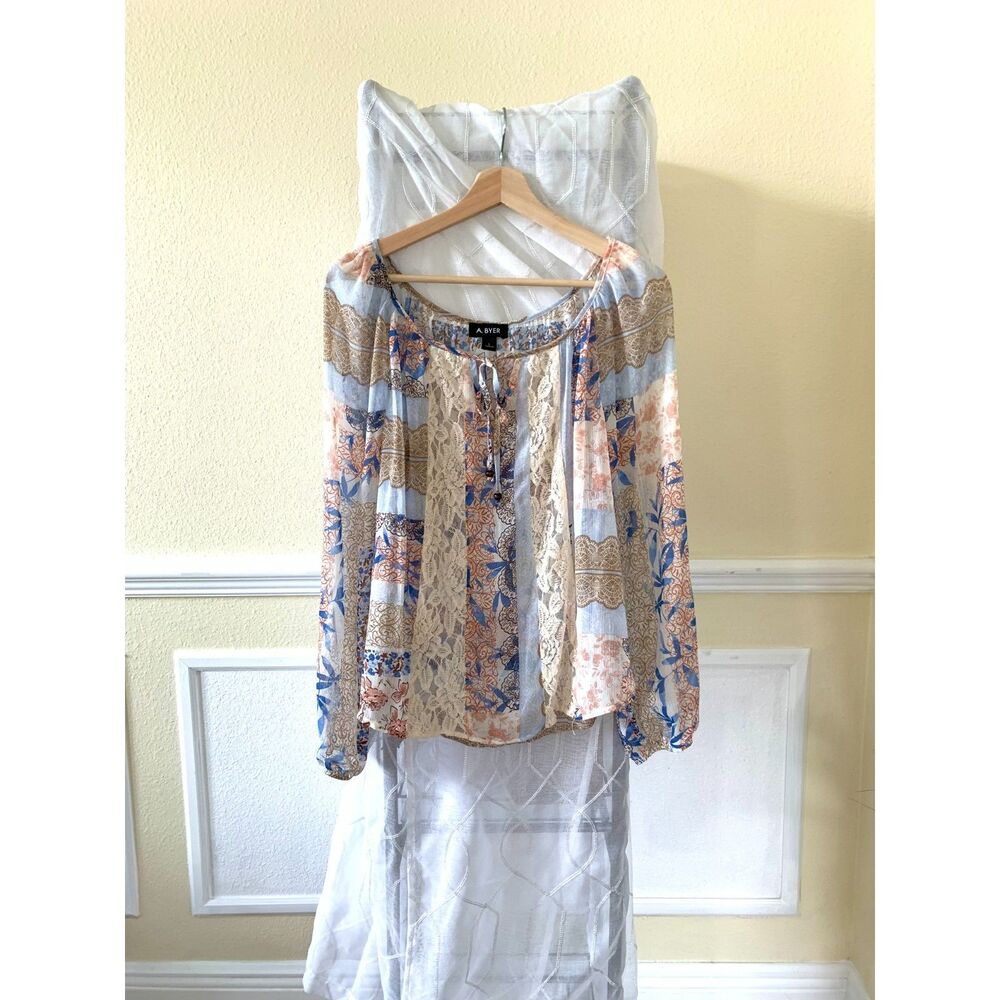 A. Byer Floral Printed Sheer Peasant Long Sleeve Top